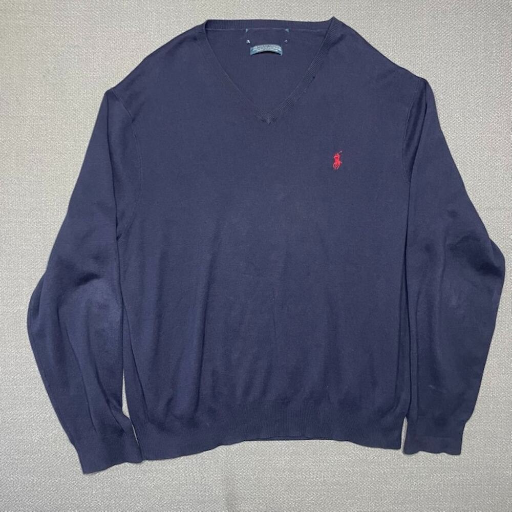 Polo Ralph Lauren Sweater Mens XL Navy Pima Cotton V-Neck Long Sleeve Red Pony